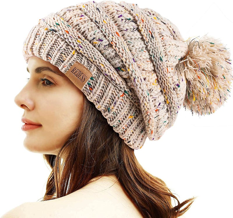REDESS Women Winter Pom Pom Beanie Hat with Warm Fleece Lined, Confetti Oatmeal - Image 1